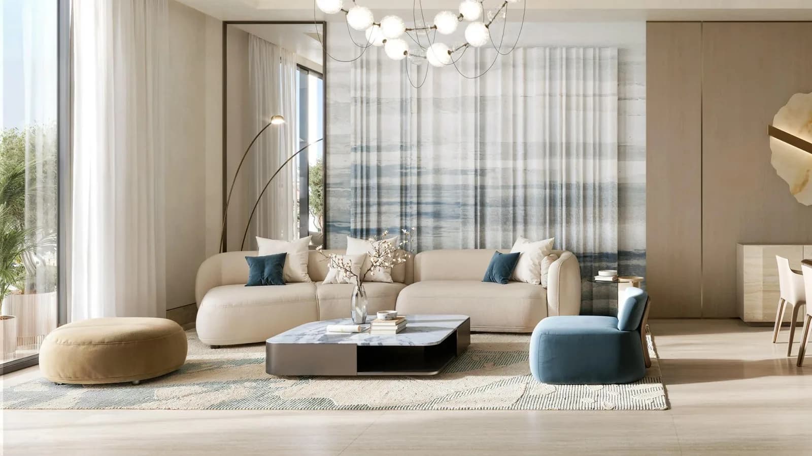 Living room at Binghatti Wraith with floor-to-ceiling glazing